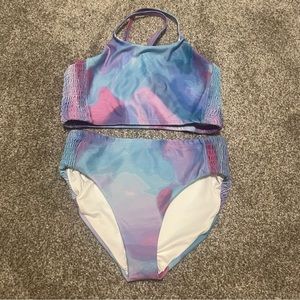 Zella Girl Size 10 2 Pc Swimsuit Watercolor Convertible Top Smocked Sides